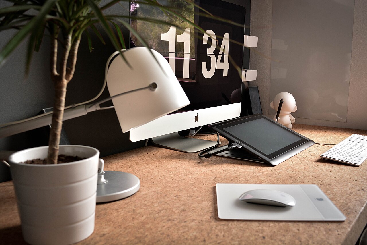 Aufgeräumter Schreibtischarbeitsplatz mit Monitor, Lampe und Pflanze